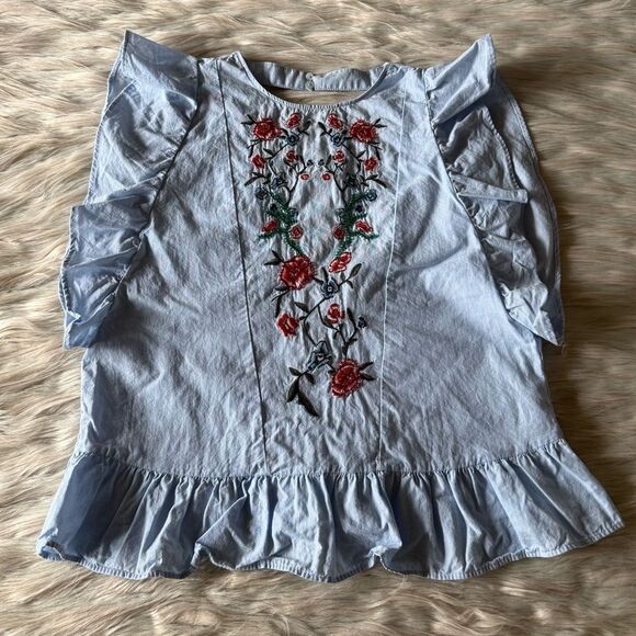 Zara Lightweight Cotton Floral Embroidered/Beaded Ruffle Top in Light Blue - Picture 9 of 9